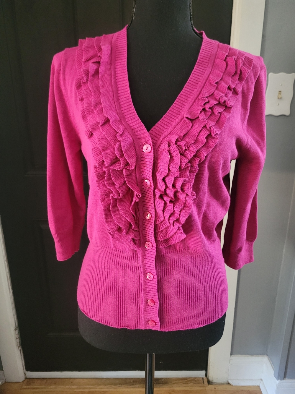 jcpenney Fuchsia Ruffle-Front Button Cardigan - Picture 2 of 4